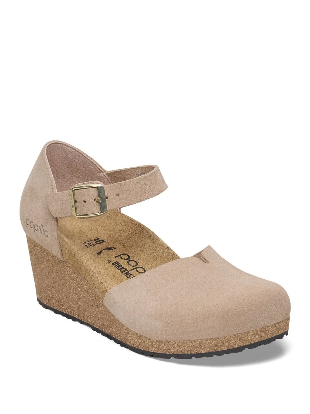 Birkenstock Papillio Women's Light Beige Suede Mary Jane Flats with Gold Buckle
